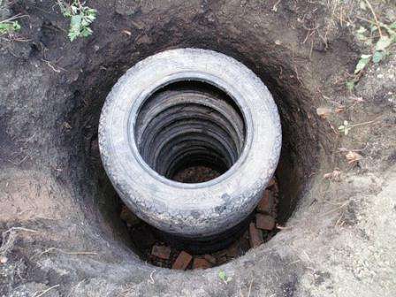 Закладка шин в яму. Выкопав яму глубиной около 150 см, при помощи песка и щебня изготовьте на дне сточной ямы дренажную подушку